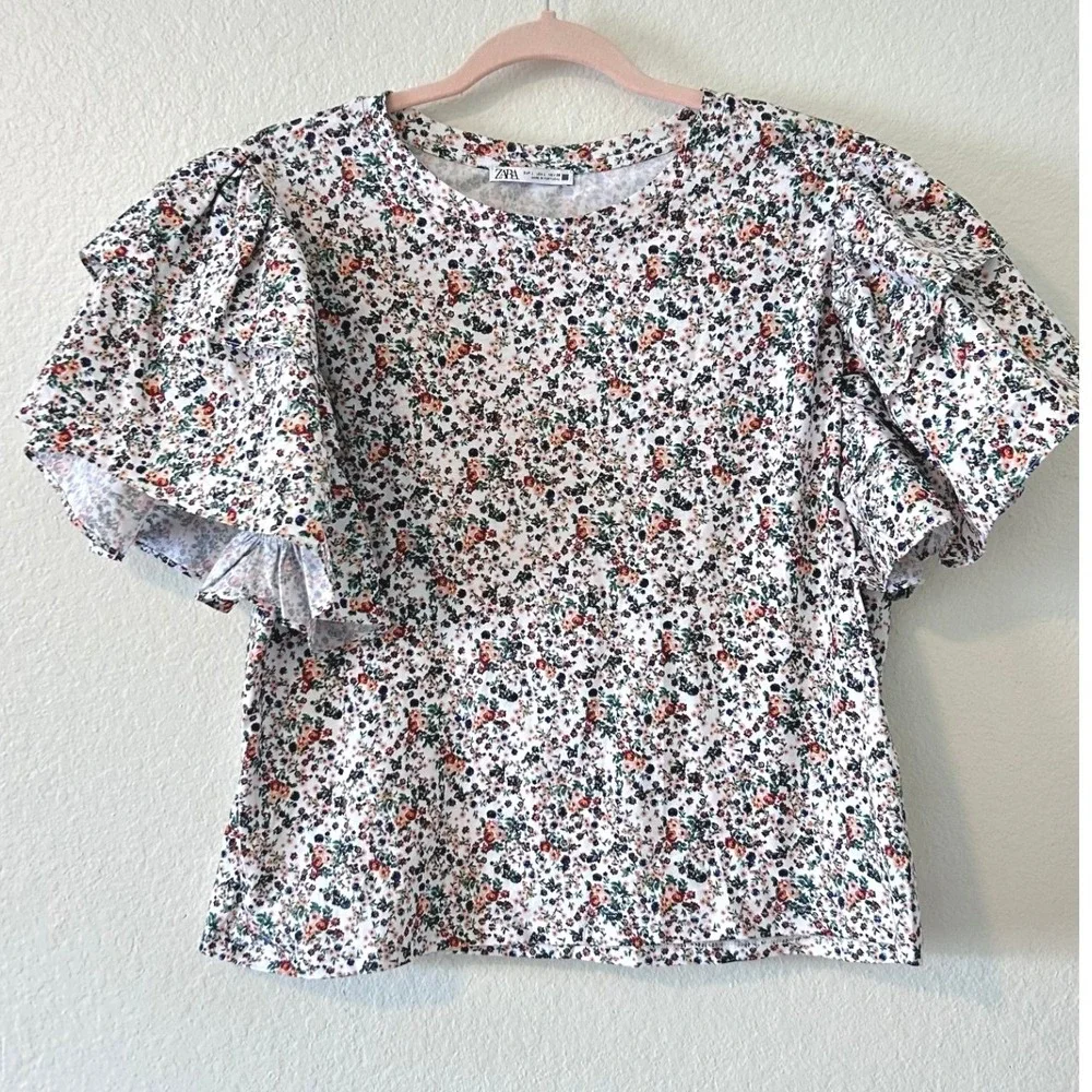 Zara Cottagecore Whimsy Floral Puff Sleeve Ruffle Top Cotton Ditsy Print SZ L